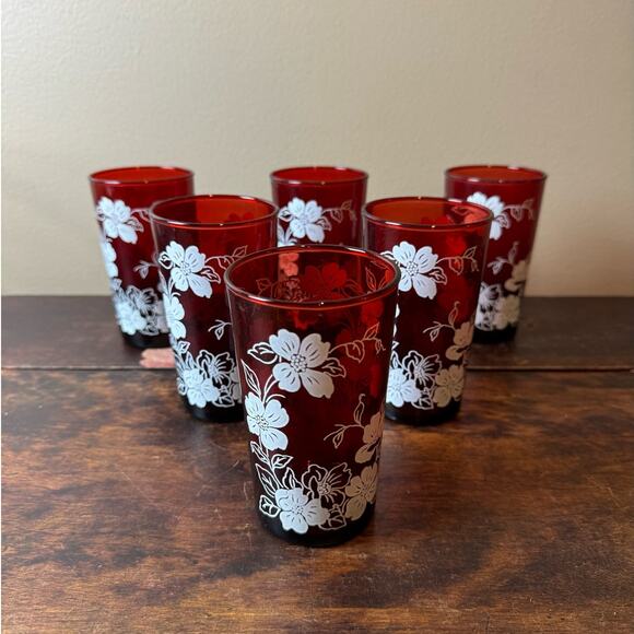 Anchor Hocking Glass Ruby‎ Red White Floral Juice Cup tumblers set of 6 - Picture 1 of 12